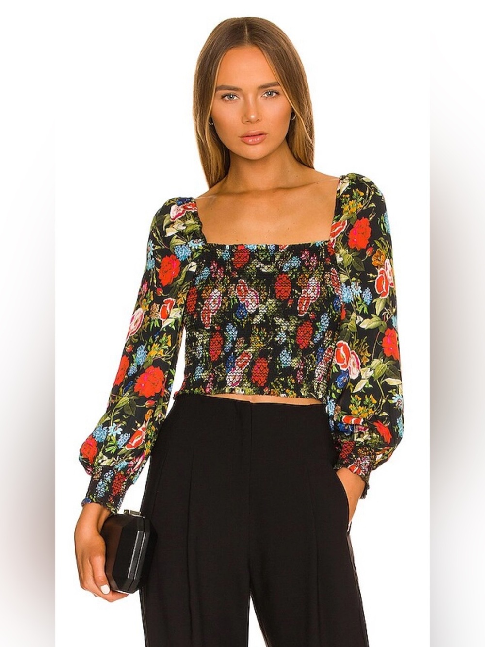 Alice + Olivia Cooper Smock Bodice Top in
Wild & Free, Size S/P